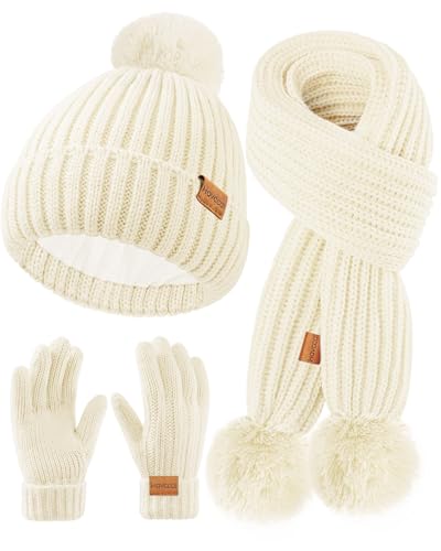 Image of Kids Winter Hat Scarf Gloves Set - Girls Boys Fleece Lined Beanie Hat with Pom Knit Scarf Warm Mittens for Children