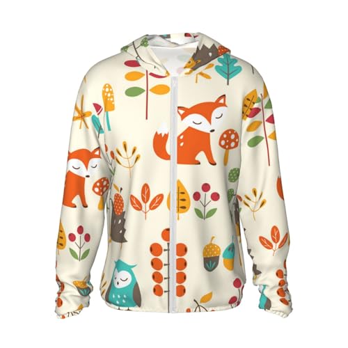 Motivo Autunnale con Gufo, Volpe, Scoiattolo, Uccelli, Stampa Animalier,Giacca con Cappuccio con Protezione Solare, Leggera, a Maniche Lunghe, per Esterni,3XL