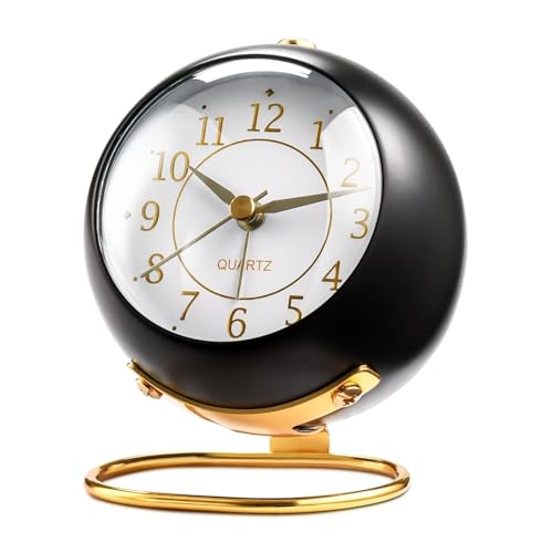 Image of Vintage Analog Alarm Clock with Night Light, Silent Non-Ticking Quartz Movement, Battery Powered Round Desk Clock with Gold Metal Stand, HD Glass Dial for Bedroom, Office, Study Table Decor (Black 1)