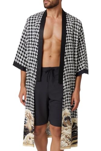 PRODESIGN Mens Houndstooth Kimono Robe - Long Satin Sleepwear Silky Nightgown Bathrobe Dressing Gown Cardigan Beach Cover Up