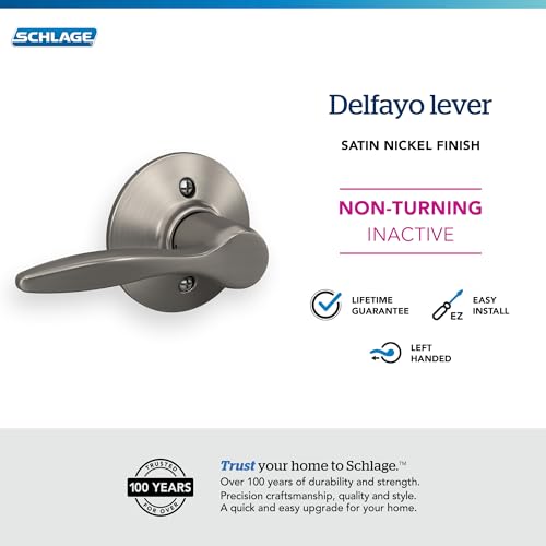 Image of Schlage F170 DEL 619 LH Left Handed Delfayo Door Lever with Standard Trim, One-Sided Non-Turning Dummy Handle, Satin Nickel