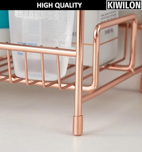 Image of 2 Tier Golden Countertop Organizer for Bathroom Kitchen Rack Organiser with Plastic Marble Look Plastic Tray Cosmetic Storage Shelf (Rose Gold, M)