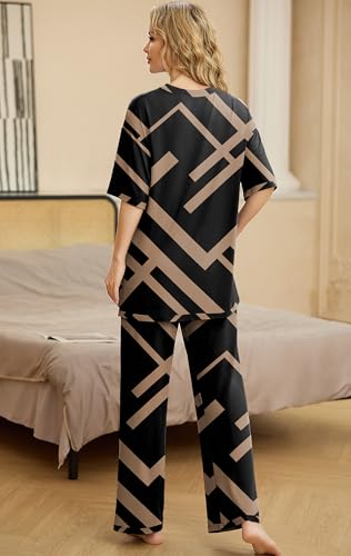 Image of PrinStory Womens Pajamas Sets 2 Piece Lounge Set Short Sleeve Tops and Long Pants Soft Pjs Loungewear with Pockets