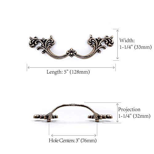 Jetland French Provincial Drawer Pulls - 6-Pack, Antique Brass, 3" Hole Centers, Vintage Shabby Chic Pulls for Dresser Nightstand Cabinet, PW1619ABR76 - Image 2