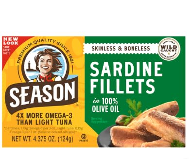 Season Sardines in Extra Virgin Olive Oil – Skinless & Boneless, Wild Caught, 22g of Protein, Keto Snacks, More Omega 3's Than Tuna, Kosher, High in Calcium, Canned Sardines – 4.37 Oz Tins, 6-Pack Season Sardines in Extra Virgin Olive Oil – Skinless & Boneless, Wild Caught, 22g of Protein, Keto Snacks, More Omega 3's Than Tuna, Kosher, High in Calcium, Canned Sardines – 4.37 Oz Tins, 6-Pack