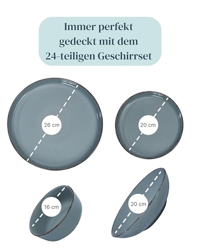Steingut Geschirrset 6 Personen Rustic 24 tlg. TESTSIEGER, Hochwertiges Landhaussttil Steingut Geschirr Set, Schüssel- und Teller Set, Tafelservice 6 Personen, Geschirrsets Pure Living in Rauchblau