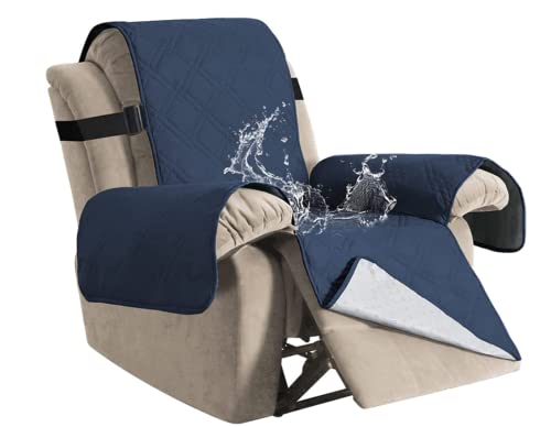 GAMUKAI Reversible Quilted Recliner Sofa Cover, Water Resistant Slipcover Furniture Protector, Washable Couch Cover with Elastic Straps for Kids, Dogs, Pets (Navy, Recliner Oversize)