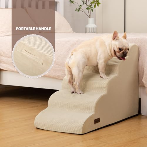 Image of Aodisman Dog Stairs for High Bed,5-Step Pet Ramp for Small Dogs and Cats | 22.2 inch H Dog Steps for Bed with High-Density Foam, Help Olders,Short-Legged Dogs,Puppy and Cats Get on Beds Easily,Grey,Beige