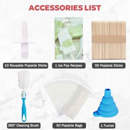 Image of 10-Cav Popsicle Molds, Silicone Ice Pop Mold for DIY Frozen Treats | with 10 Reusable Sticks, 50 Wooden Sticks, 50 Storage Bags, Funnel, Brush, Recipe, Make Healthy Pops, Smoothies, Juice