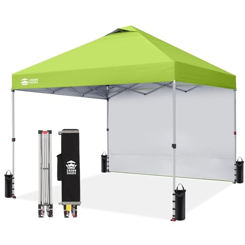 CROWN SHADES 10x10 Pop Up Canopy with 1 Side Wall - Beach Tent with One Push Setup - Outdoor Sun Shade for Events Parties Camping - Gazebo with STO-N-Go Cover Bag (Green)
