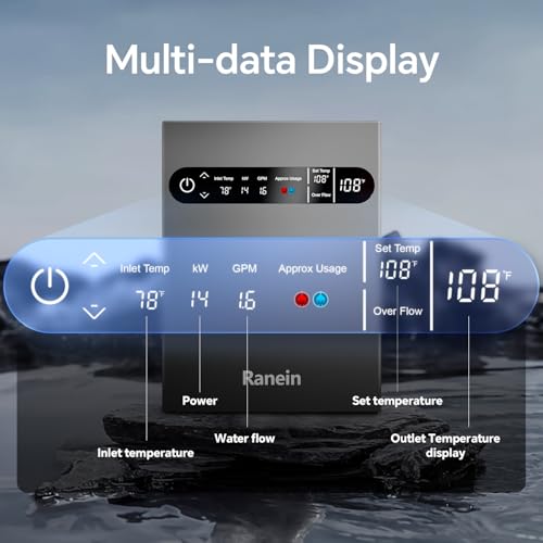 Ranein 14kW Tankless Electric Water Heater,on Demand Instant Endless Water Heater with LED Temperature Display for Whole House Shower