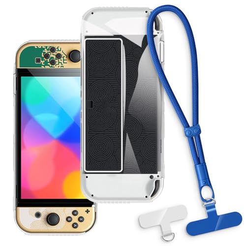 OAGELIM 2-in-1�ی�P�[�X�ƃ��X�g�X�g���b�v Nintendo Switch OLED �Ƃ̌݊������� ���O���\�ȃ��j���[�h�t���d�b�J�o�[�A����~�ߕ����h�~�O���b�v�n���h�� (�N���A + �u���[)