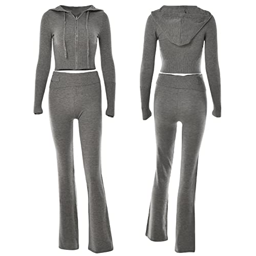 Nufiwi Women Ribbed Knit 2 Piece Outfits Long Sleeve Zip Up Hooded High Waist Wide Leg Skinny Pants Set Loungewear(B Grey,Small) #TOP4