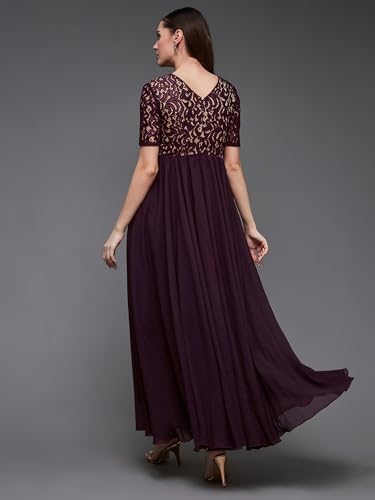Image of Miss Chase Women's V-Neck Full Sleeve Self Design Lace-Overlaid Georgette Maxi Dress
