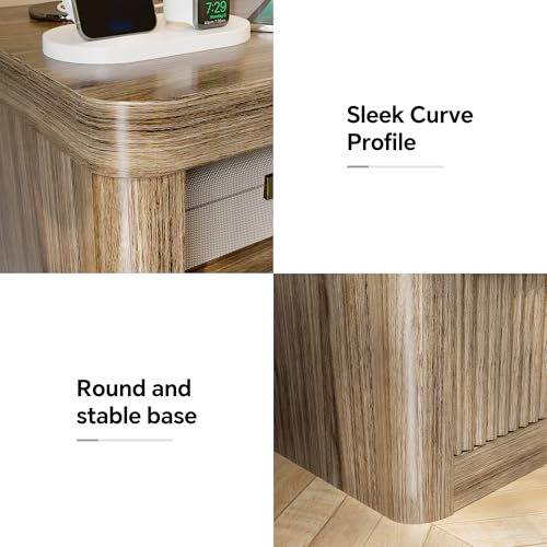 Image of Night Stand, Nightstands with Drawer Storage Bedside Table Large Modern nightstand with USB Port and Outlet, mid Century nightstand for Bedroom,Sofa Table(Grey Alder)