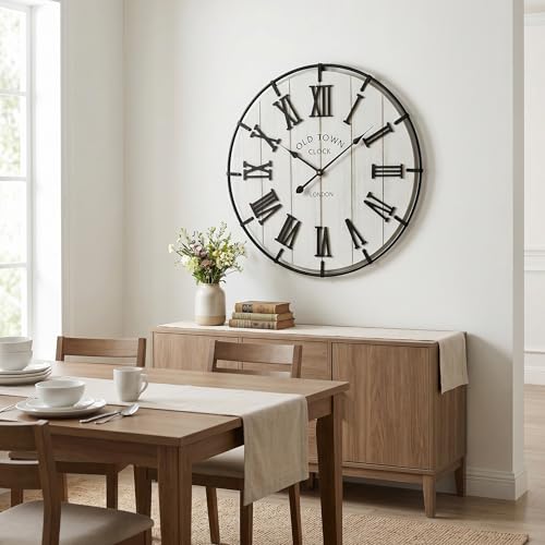 Image of EMAX HOMELarge 24 Inch Farmhouse Style Wall Clock, Distressed Wood Look, Non-Ticking Quartz Movement, Classic Black Roman Numerals and Metal Frame, for Living Room Wall, Bedroom