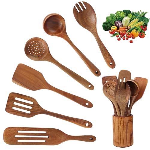 Set Mestoli in Legno, 7 Pezzi Utensili Cucina in Teak - Include Spatola, Cucchiaio, Mestolo e Scolapasta - Adatto per Padelle Antiaderenti