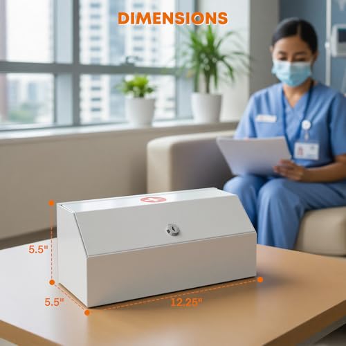 Image of Locking Medicine Cabinet - Wall Mount Steel First Aid Storage Box with Key Lock, Secure Medicine Organizer for Home, Office, Clinic, 12.25 inch W x 5.25 inch D x 5.5 inch H