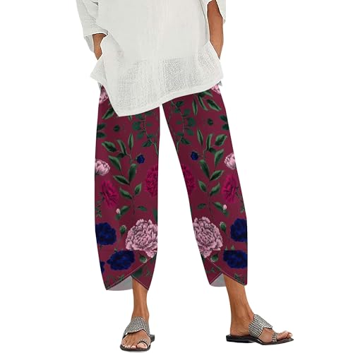 Women Boho Floral Lantern Pants Wide Leg Cotton Linen Elastic Waist Baggy Trousers with Pockets