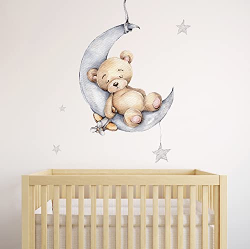 Image of Teddy Bear Sleeping on The Moon Nursery Decals for Wall | Baby Room Nursery Decor Sticker | Kids Room Decor Wall Art Watercolor Painted + Extra Stars
