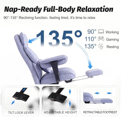 Image of Efomao Executive Office Chair 400lbs,Purple Big and Tall Desk Chair | Mattress-grade pocket spring cushion, sleek leather, 135 recline & footrest for computer gaming setup.