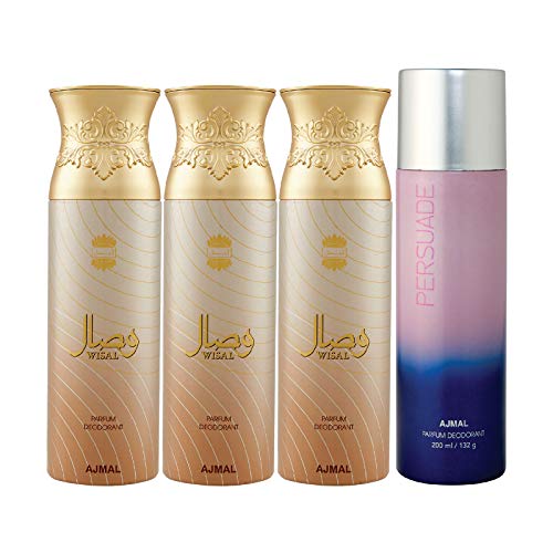 Image of Ajmal 3 Wisal for Women and 1 Persuade for Men & Women Deodorants Each 200ML Combo Pack of 4 (Total 800ML) + 4 Parfum Testers