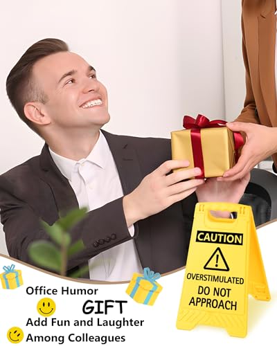 Caution Overstimulated Do Not Approach Office Decor, Funny Desk Sign for Women Coworkers, Valentines Day Gag Gifts for Tax Season, Sarcastic Desk Accessories, Phone Holder with Mirror