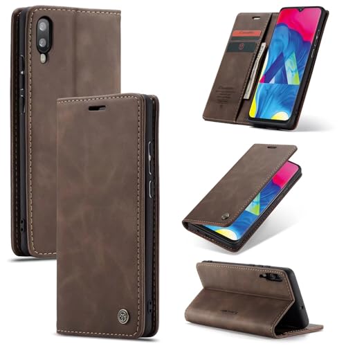 SLWYF Handyhülle für Samsung Galaxy M10 Hülle Premium Lederhülle Klappbar Flip Hülle Tasche Magnet Kartenfach Standfunktion Klapphülle Schutzhülle für Samsung Galaxy M10, Kaffee