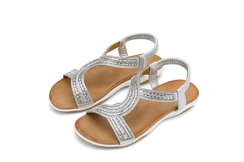 UBFEN Flat Sandals For Women Dressy Walking Comfortable Sandal With Rhinestone Braid Elastic Strap Summer Vacation2