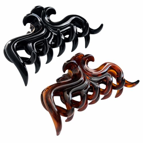 Parcelona French Sleek Grips Tortoise Shell and Black Celluloid Medium Flexible Hair Claw Clips Women Hair Accessories, Made in France 2 Pieces