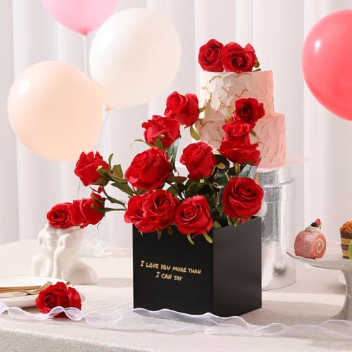 Image of Tifuly 12PCS Rose Artificial Flower, Single Stem Fake Floral Bridal Wedding Bouquet, Realistic Blossom Flora for Home Garden Party Hotel Office Decorations (Red)