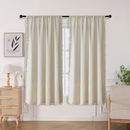 Image of Joydeco Beige Boho Curtains 72 Inch Curtains 2 Panels Set, Cream Boho Curtains for Bedroom Living Room, Super Soft Light Filtering Country Rustic Semi Sheer Farmhouse Curtains Rod Pocket