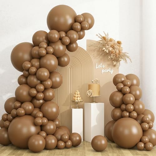 Image of RUBFAC 135pcs Brown Balloons Different Sizes Pack of 18 12 10 5 Inch, Latex Boho Neutral Coffee Tan Balloon Garland Arch Kit for Baby Shower Jungle Safari Fall Birthday Bear Themed Party Decorations