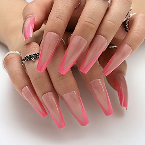 Blufly Glossy Gradient Pink Press On Nails Long Coffin Fake Nails V-Shape French Nails Tips Geometric Ballerina Full Cover Acrylic False Nails For Women And Girls (Red) #TOP5