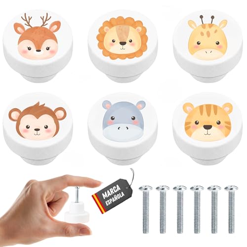 ADLEER Tiradores infantiles de madera blancos + tornillos - tiradores armarios blancos 3,4cm-pomos y tiradores infantiles con dibujos de animales-pomos infantiles para cajones,armario (6, Blanco)
