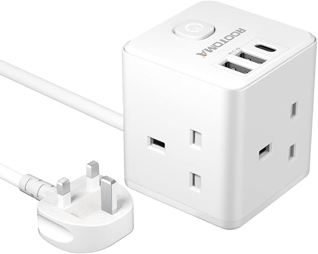 3 Way Extension Lead with USB Slots, Power Strip with USB C Socket( 1 Type C & 2 USB-A) Power Extension Cube, Multi Plug Extension Cable with 2M Cord for Home, Office, Dorm Room