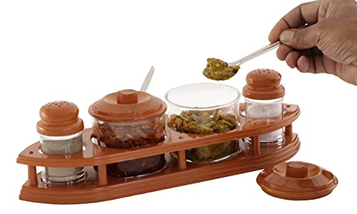Image of Nabhya Complete Dining Table Set of Pickle Jars, Salt and Pepper Dispenser, Toothpick Holder and Spoon Holder(Wooden Look Design, Plastic) (StarCruz)