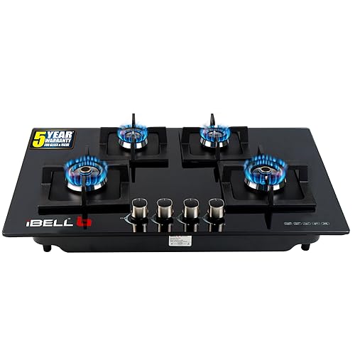 iBELL 590GH Gas Hob 4 Burner, Toughened Glass Top, with Auto Ignition and Premium Double Ring Forged...