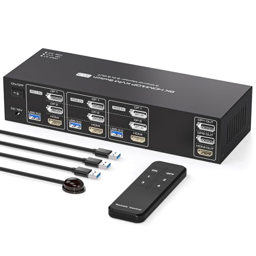 PVBCTCSID HDMI Displayport KVM Switch 3 PC 3 Monitores 4K144Hz 8K60Hz KVM Switch Para 3 PCs Comparte 3 pantallas y 1 juego de teclado y ratón Soporte de modo extendido Mando a distancia IR incluido