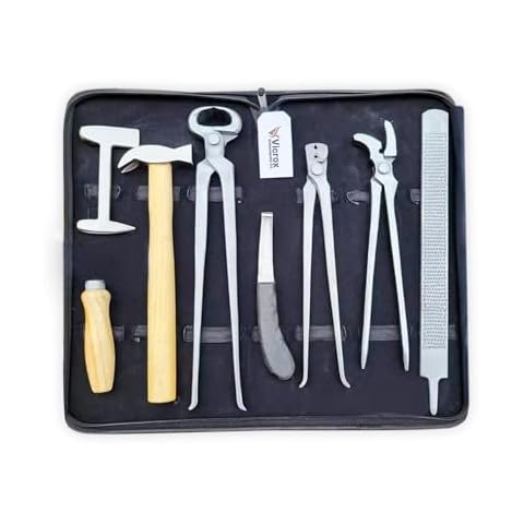 Vicrox Instruments Co Professional Farrier Tools Horse Cattle Care Tool Kit Hoof Clincher Nipper RASP Hammer Knife Buffer Stainless Steel Cover