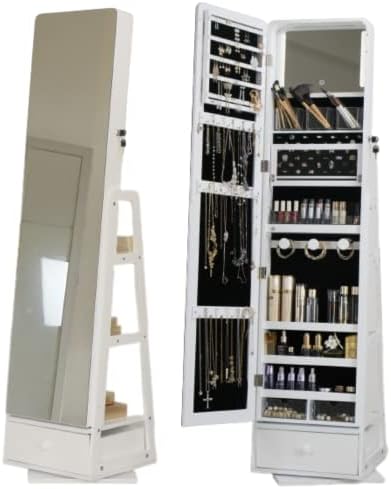MASMIRE 360° Swivel Mirror with Storage Jewelry Cabinet Standing With Touch Screen Built-In Light Mirror - Lockable 63.7”H Standing Jewelry Armoire Cabinet With 3 Drawers & 3 Storage Racks (White)