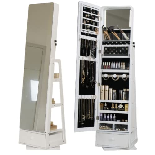 Masmire 360° Swivel Mirror With Storage Jewelry Cabinet Standing With Touch Screen Built-In Light Mirror - Lockable 63.7”H Standing Jewelry Armoire Cabinet With 3 Drawers & 3 Storage Racks (White) #TOP3