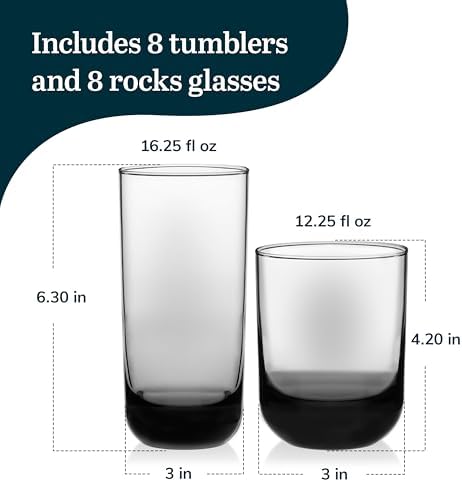 Libbey Polaris Tumbler and Rocks Glass Cups Set, Mixed Drink Glasses with Straight Lines, Lead-Free, Drinkware Set of 16 for all Beverages - Thumbnail 3