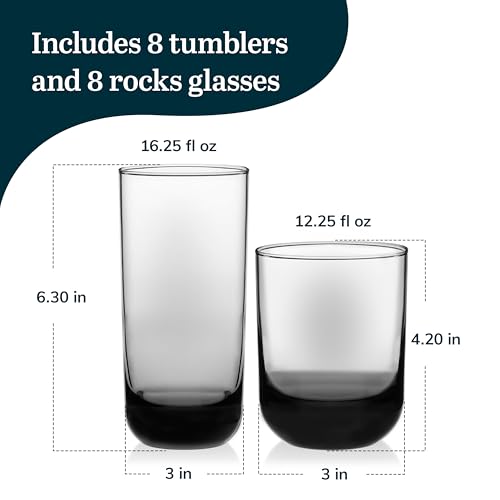 Image of Libbey Polaris Tumbler and Rocks Glass Cups Set, Smoke Hue Mixed Drink Glasses with Straight Lines, Lead-Free, Drinkware Set of 16 for all Beverages