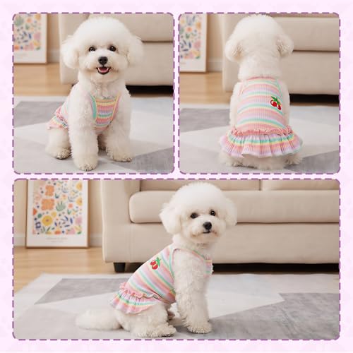 Jmkcoz Cute Striped Dog T Shirts Cherry Puppy Dress Soft Cotton Pet Sleeveless Vest Clothes Spring Summer Pet Outfits for Small Dogs Cats Girl (Pink, Medium) - Image 3