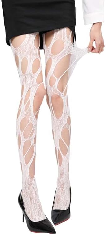mdgfge Womens Ripped Fishnet Tights Gothic Irregular Hole White Mesh Tights Stockings Lolita Punk Pantyhose Y2k Hollow Out Sexy Hosiery for Women Halloween Cosplay Masquerade Party Accessories