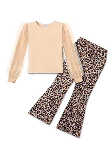 Arshiner Mädchen Set Khaki Langarmshirt mit Leopard Schlaghose Herbst...