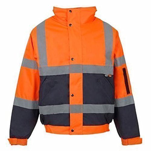 Mountain Pass Navy Blue Hi Viz Bomber Jacket Reflective Tape Waterproof Quilted Railway Work Jacket Coat High Vis Safety Workwear Security Road Works Concealed Hood Fluorescent Flashing En471 Orange/Navy Large
