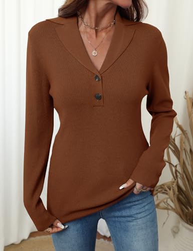 Image of LOMON Sweaters for Women 2025 Fall Knitted V-Neck Collared Button Pullover Dressy Casual Long Sleeve Polo Shirts Business