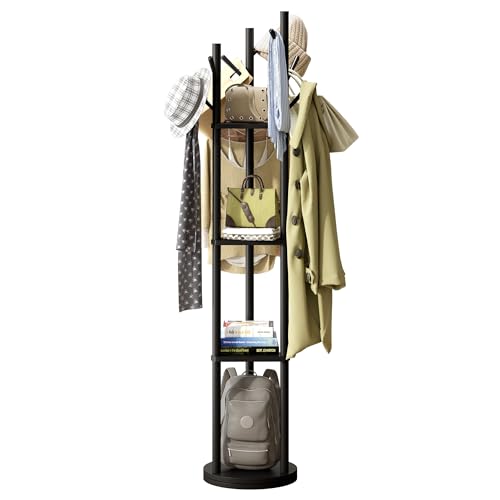 GHWIE-Rotary-Coat-Rack-3-Tier-Freestanding-Coat-Rack-with-9-Hooks-and-3-shelves-Great-for-Hanging-hatsscarvesbackpacksClothesBlack GHWIE Rotary Coat Rack 3 Tier Freestanding Coat Rack with 9 Hooks and 3 shelves Great for Hanging hatsscarvesbackpacksClothesBlack